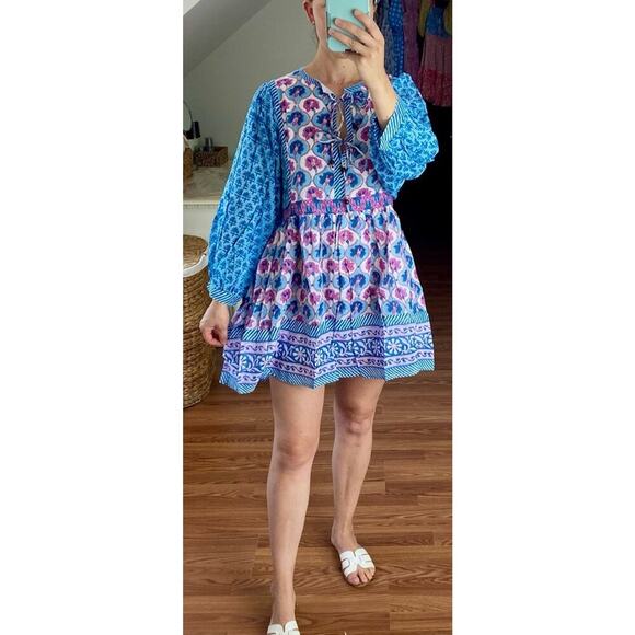 OLIPHANT Tie Front Balloon Sleeve Short Blue Cotton Block Print Dress Tuckernuck - Picture 11 of 16